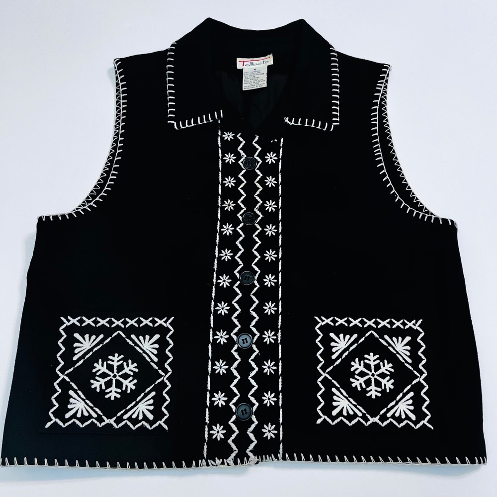 Vintage Talbots Black Wool Embroidered Vest Women's‎ Floral Size Large